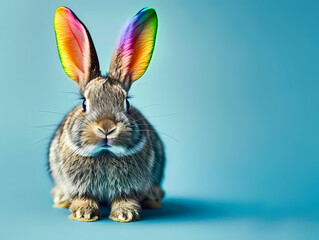 Rabbit in style with colorful horns sitting on a blue background