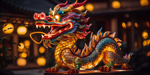 Fototapeta premium Lunar new year 2024, Year of the Dragon, Chinese new year celebration in town. Fireworks and wood dragon.