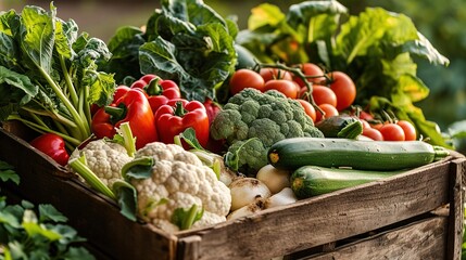 Wooden crate of farm fresh vegetables with cauliflower, tomatoes, zucchini, turnips and colorful sweet bell peppers on a wooden table outdoors in sparkling sunlight on greenery - obrazy, fototapety, plakaty