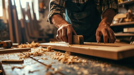 man owner a small furniture business is preparing wood for production. carpenter male is adjust wood to the desired size. architect, designer, Built-in, professional wood, craftsman, workshop. - obrazy, fototapety, plakaty