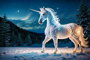Obraz na płótnie Canvas White Unicorn Standing on Snow Covered Ground