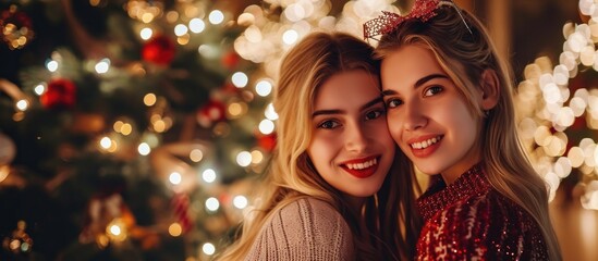Obraz na płótnie Canvas Two attractive blonde women, ready for a festive New Year celebration, happily pose near a decorated Christmas tree.