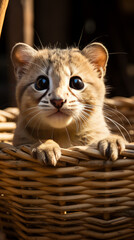 Adorable Kitten Peeking Out from Wicker Basket

