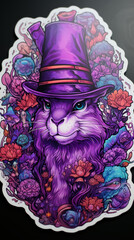 Anthropomorphic cat in a top hat with a floral background 