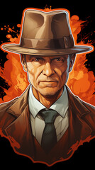 Hard-Boiled Detective with Intense Stare and Fiery Background

