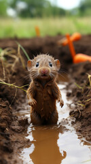 Muddy Baby Squirrel Emerging from Water Hole in Field

