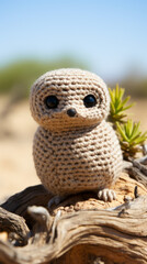 Handmade Crocheted Owl Toy on Natural Wood in Outdoor Setting

