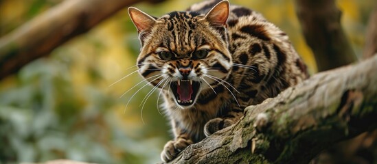 Adult Black Footed Cat, specifically felis nigripes, displaying aggression while perched on branch.