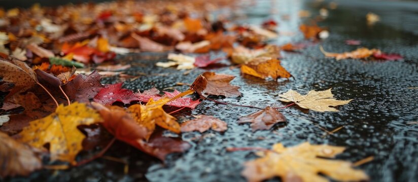 Close-up of wet, colorful fall leaves covering the wet asphalt in autumn rain.