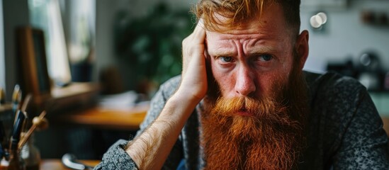 Upset redhead man with long beard at small ecommerce business, feeling skeptical and frowning due to a problem.