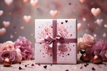 White Gift Box With Pink Bow and Flowers for Valentines Day or Special Generative AI