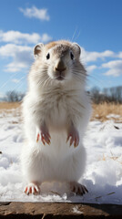 Curious Prairie Dog Standing Upright on Snowy Ground

