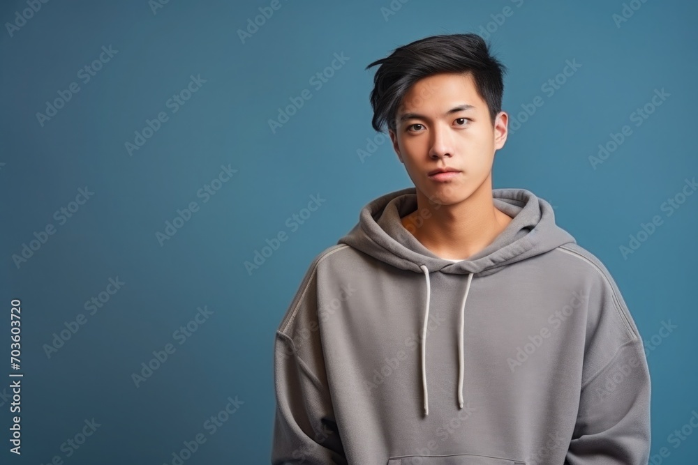 Wall mural Asian guy in a gray hoodie against a blue background - Wall murals