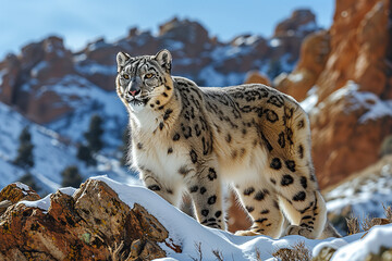 Obraz premium Wild Snow Leopard in a Natural Environment full of Snow and Mountains, High on the Rocks Stalking and Watching