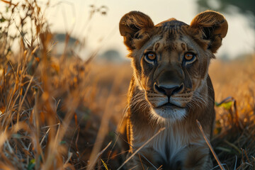 Fototapeta premium Wild Lioness Stalking in the Natural African Savannah, Hiding in the Bushes and Steppes Waiting to Hunt her Prey