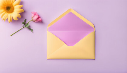 Pastellfarbener Briefumschlag mit Blume auf pastellfarbenem Hintergrund - obrazy, fototapety, plakaty