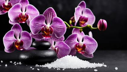 Spa Konzept -  Violette Orchideen mit Basaltsteinen auf dunklem Hintergrund