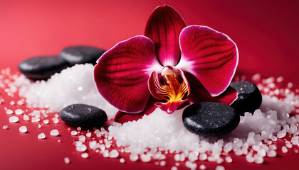 Spa Konzept -  Rote Orchideen mit Basaltsteinen auf rotem Hintergrund