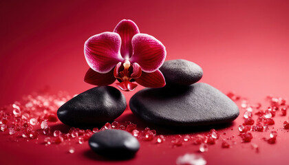 Naklejka na ściany i meble Spa Konzept - Rote Orchideen mit Basaltsteinen auf rotem Hintergrund