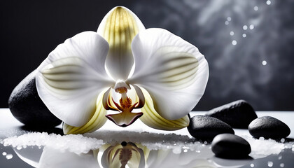 Spa Konzept -  Weiße Orchideen mit Basaltsteinen auf dunklem Hintergrund