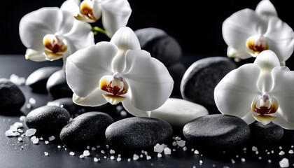 Fototapeta na wymiar Spa Konzept - Weiße Orchideen mit Basaltsteinen auf dunklem Hintergrund