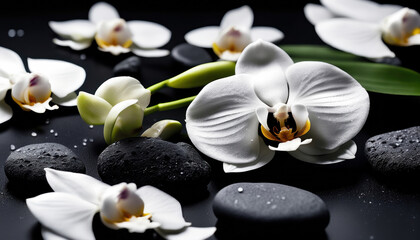 Spa Konzept -  Weiße Orchideen mit Basaltsteinen auf dunklem Hintergrund