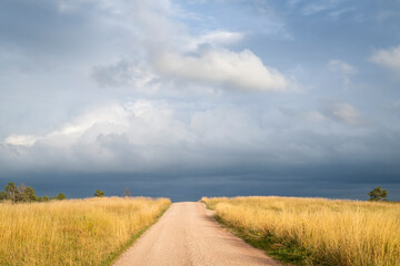 dirt road in Nebraska prairie with dark stormy sky