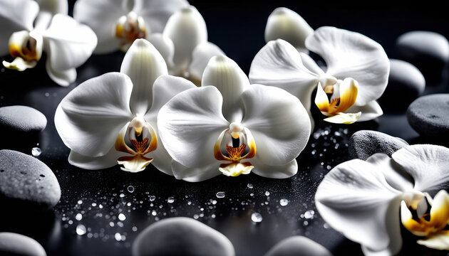 Spa Konzept -  Wei&szlig;e Orchideen mit Basaltsteinen auf dunklem Hintergrund