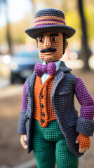 Handcrafted Crochet Doll Dressed in Stylish Suit and Hat Outdoors

