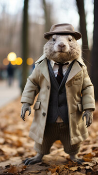 Anthropomorphic Beaver in Trench Coat and Hat Standing in Autumn Park

