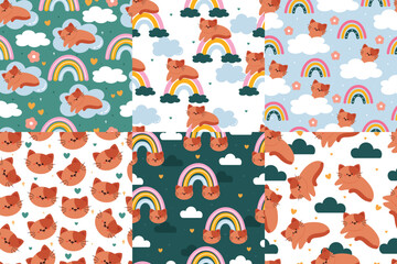 cute cat with sky element seamless pattern. cute pattern bundle, pattern pack. cute wallpaper for fabric print, gift wrap paper