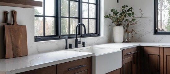 Black faucet on white sink with black framed windows, brown cabinets, and white marble countertops in kitchen detail.