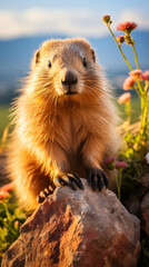 Curious Marmot Peering from a Rocky Perch at Sunset

