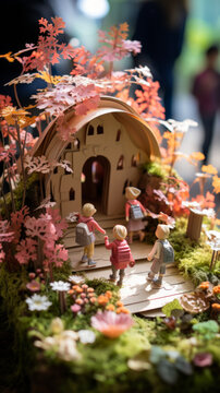 Miniature Fairy Tale House with Figurines in a Magical Forest Setting

