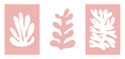 Pink and white abstract leaves posters. Minimalist algae and corals art prints inspired by Matisse. Vector illustration isolated on transparent background.