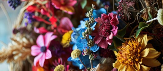 Fall flower decoration workshop teaching the creation of a colorful wreath with dried summer flowers and plants.