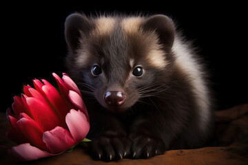 Baby Skunk with a Red and Pink Flower | Animal Valentines Day 