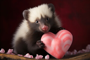 Baby Skunk with a Pink Heart | Animal Valentines Day 