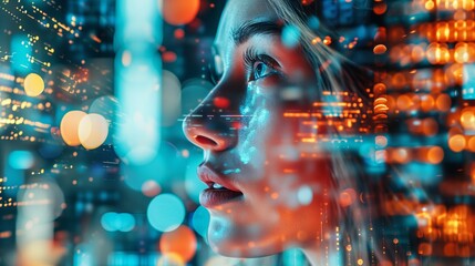 Double exposure of woman face and binary code. Futuristic concept.