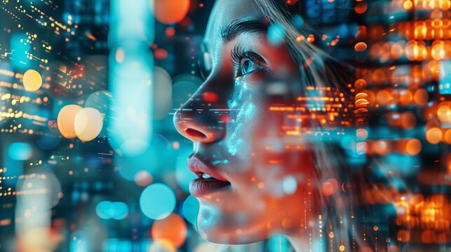 Double exposure of woman face and binary code. Futuristic concept.
