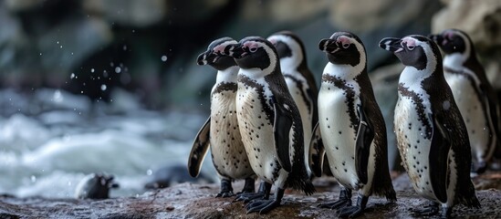 Group of lively Humboldt penguins. - obrazy, fototapety, plakaty