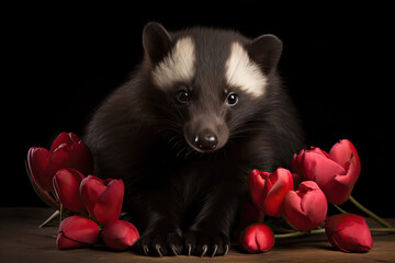 Skunk with Red Roses | Animal Valentines Day