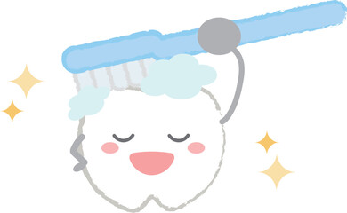 歯ブラシで磨いている歯のキャラクター　主線あり