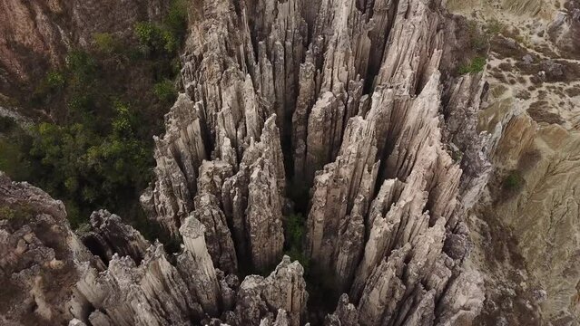 Aerial drone footage of Los Estoraques Unique Natural Area, Colombia, Latin America. Beautiful colombian sharp rocks. Beautiful landscape in the Norte de Santander region of Colombia. 4K footage.