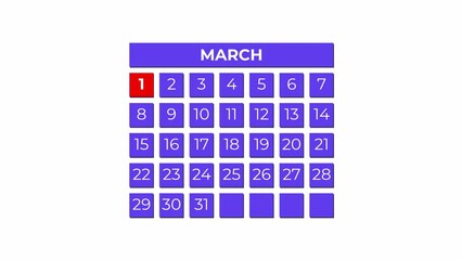 1st March calendar icon animation. Alpha matte with transparent background 4K resolution.