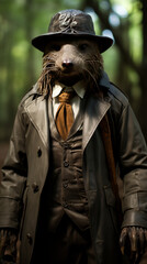 Obraz premium Anthropomorphic Otter Detective in Forest