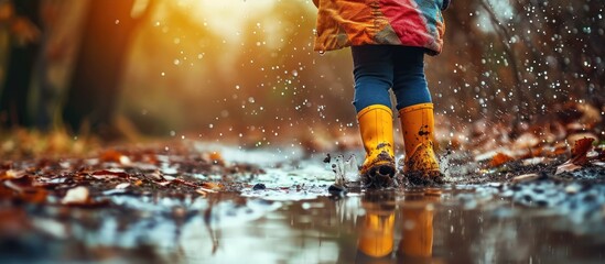 Little girl in rain boots walking in sleet, jumping into puddles, wearing colorful clothes, outdoor fun.
