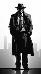 Silhouette of a Mysterious Man in Fedora and Trench Coat

