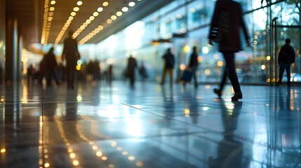 Fototapeta premium business scene with people walking with blurred background in indoor business building, dark gray and light amber, contemporary glass window, busy street. generative AI