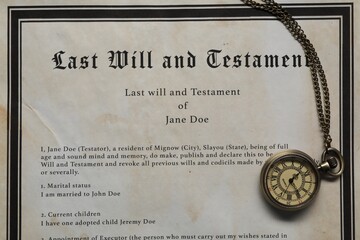 Last Will and Testament with pocket watch, top view
